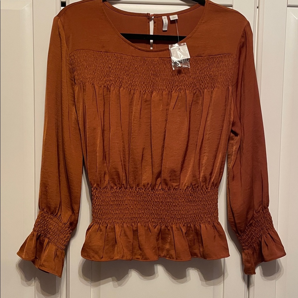 NWT Smocked Blouse in Warm Copper Brown
